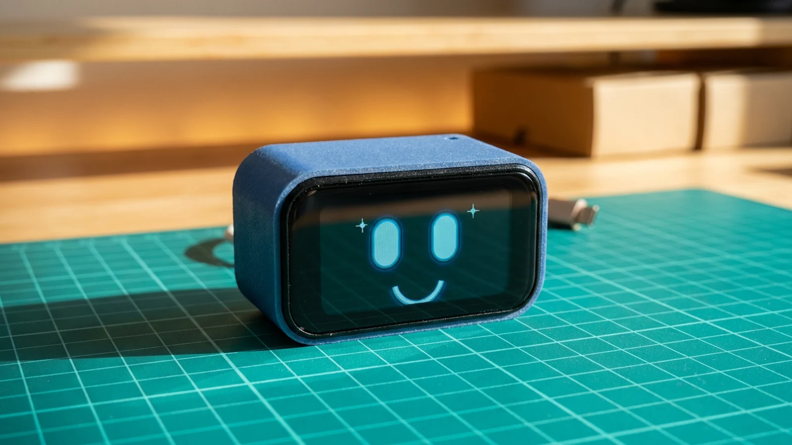 Beginner ESP32-C6 touch LCD screen project showing a simple face on a desk mat.
