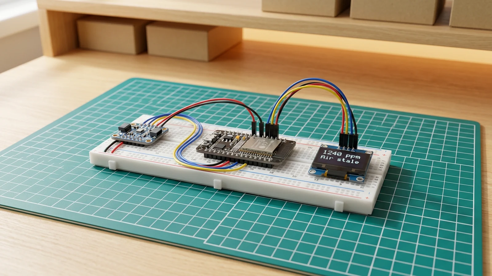Beginner ESP32 CO2 room monitor project on a breadboard with a small display and sensor module.