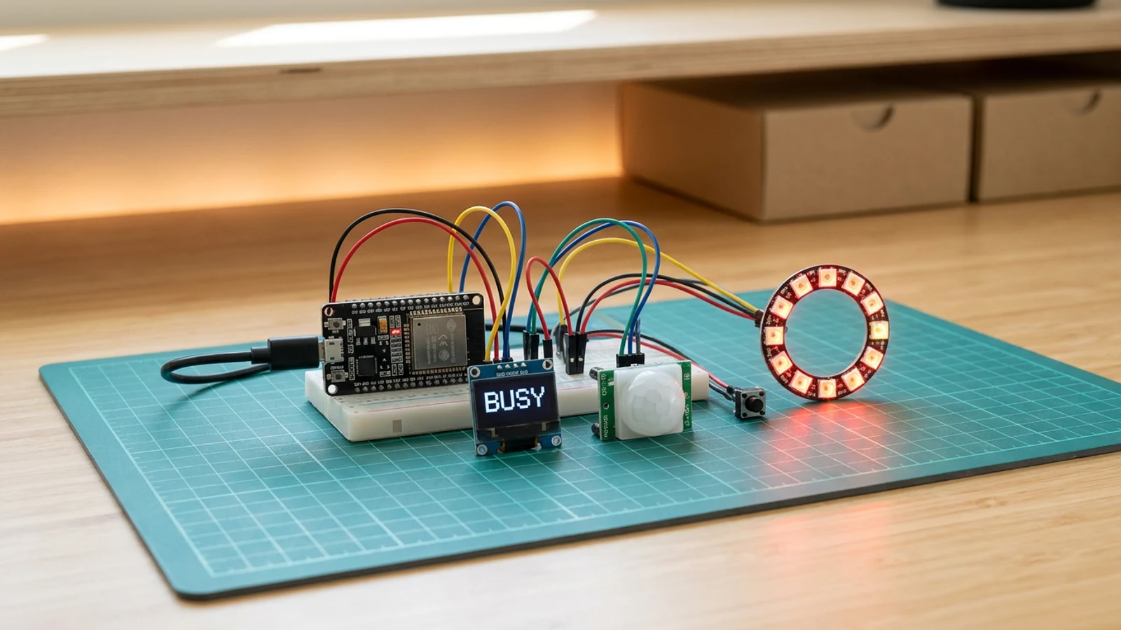 Beginner ESP32 desk presence light project with a small display, motion sensor, button, and LED ring.
