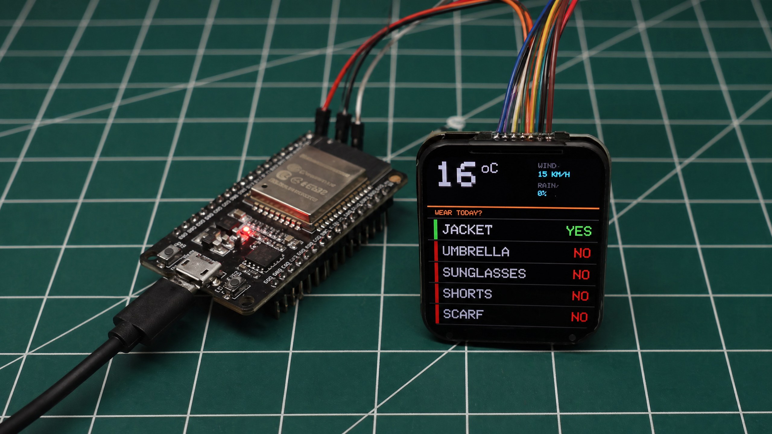 Beginner ESP32 weather station project with a small screen showing a weather checklist.