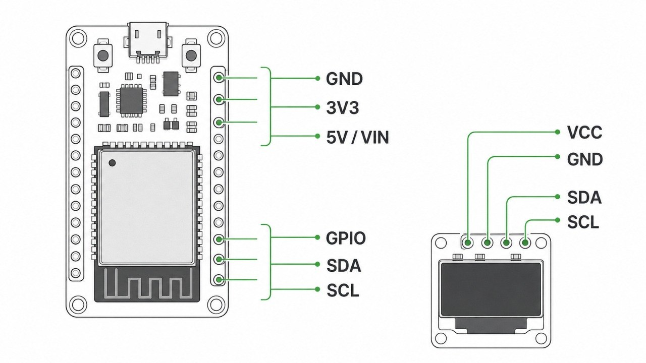 ESP32 pin label guide explaining GND, 3V3, 5V, VIN, GPIO, SDA, SCL, and VCC for beginner wiring.