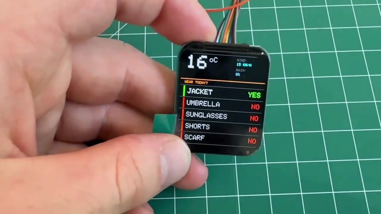 The final ESP32 weather station showing clothing recommendations.